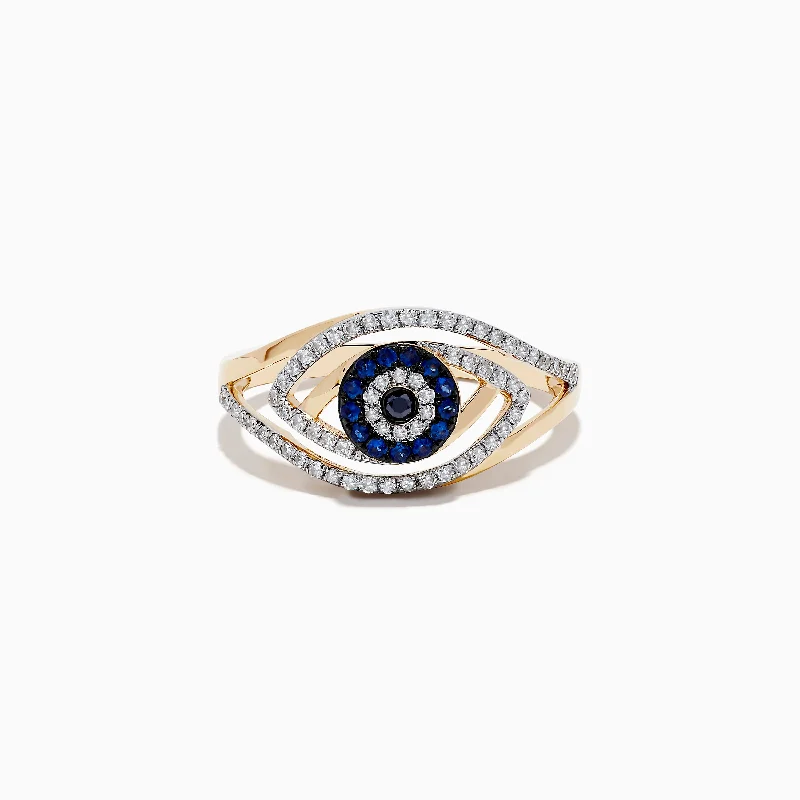 Ladies Rings Unique Shapes-Novelty 14K Yellow Gold Blue Sapphire and Diamond Evil Eye Ring