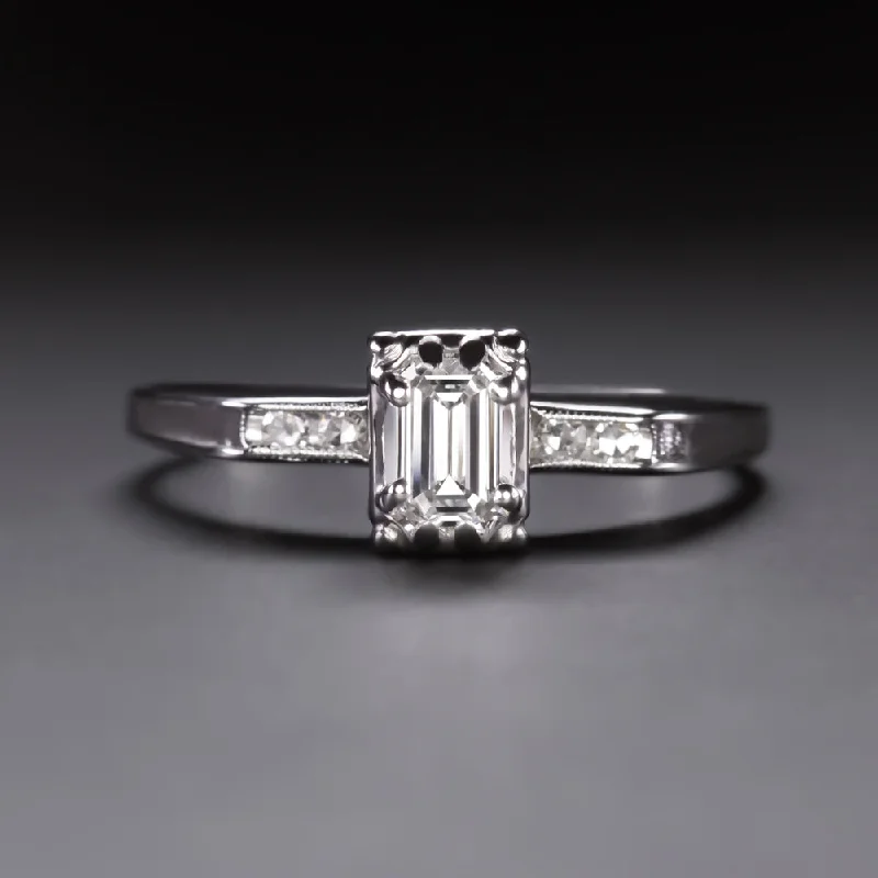 Ladies Engagement Rings Princess Cut-VINTAGE DIAMOND ENGAGEMENT RING E VS1 EMERALD CUT 14k WHITE GOLD NATURAL ESTATE