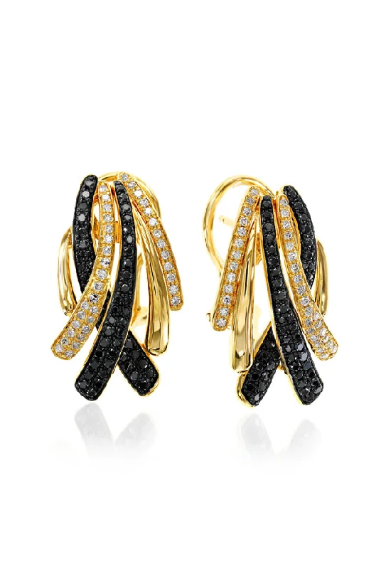 Ladies Earrings with Sanidine-14K Yellow Gold Black and White Diamond Earrings, 0.82 TCW