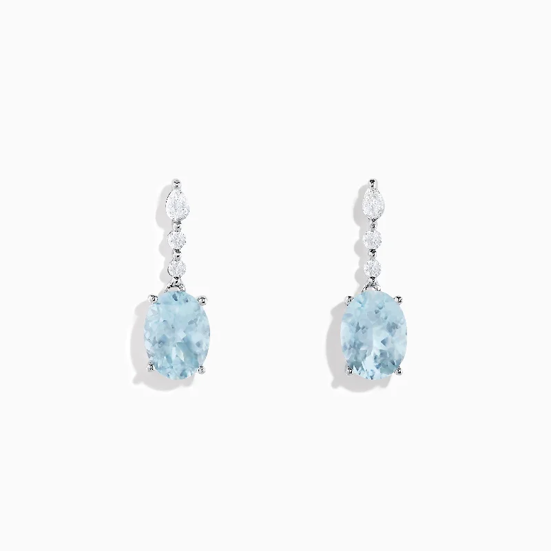 Ladies Earrings Clip On-Aquarius 14K White Gold Aquamarine and Diamond Drop Earrings