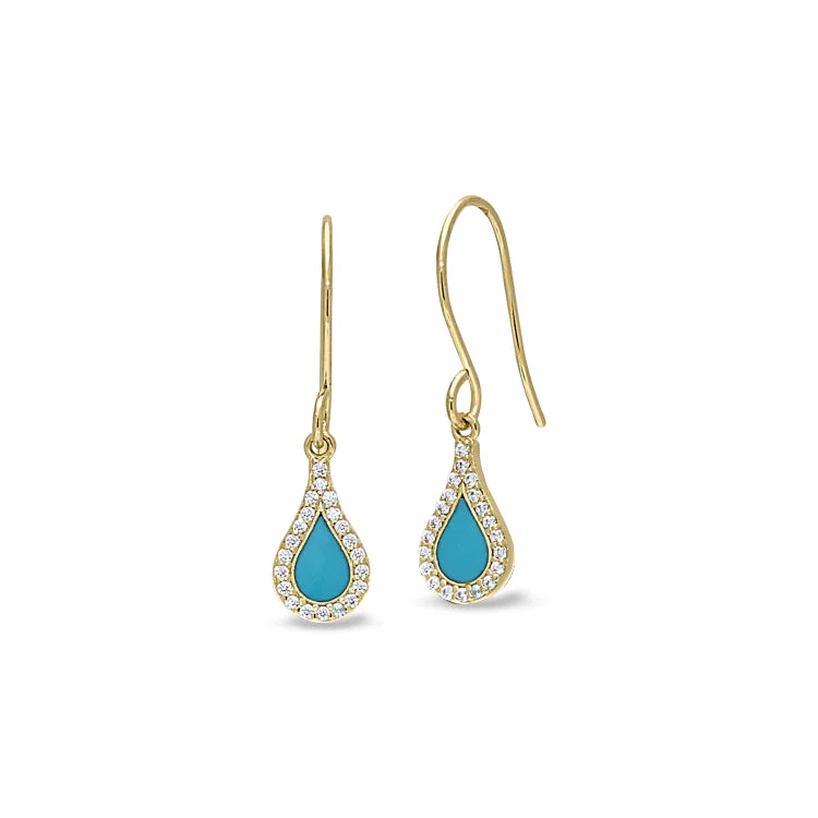 Ladies Earrings Oval Shape-Gold Finish Sterling Silver Micropave Turquoise Enamel Teardrop Earrings with Simulated Diamonds