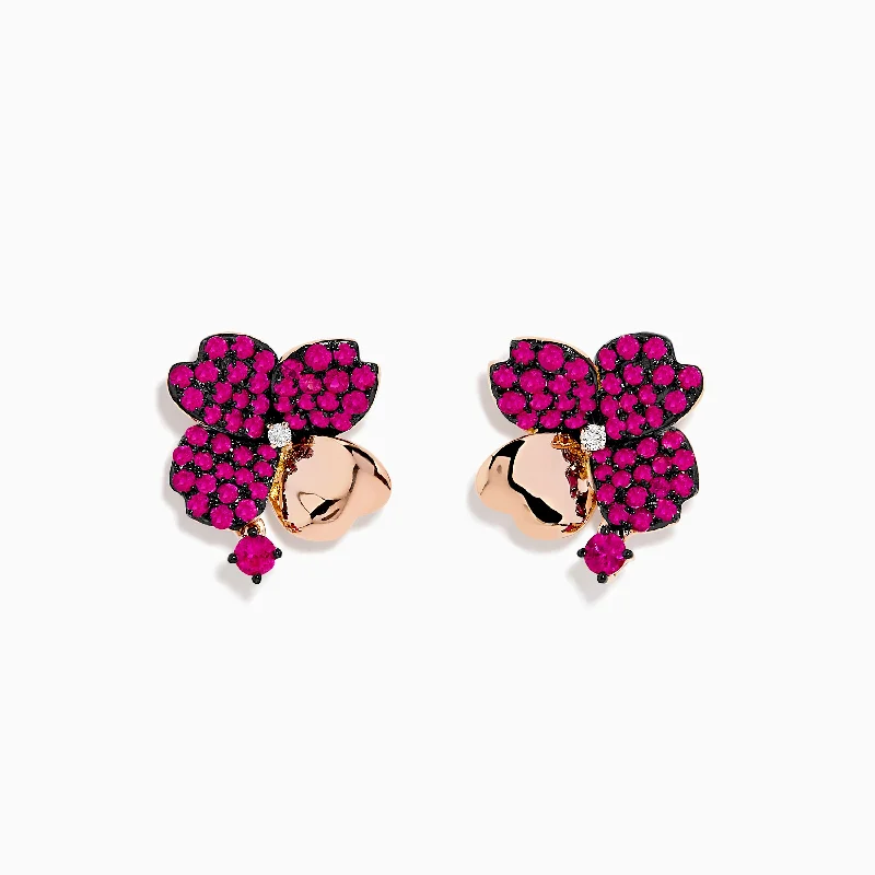 Ladies Earrings Sun Shape-Nature 14K Rose Gold Ruby and Diamond Flower Earrings