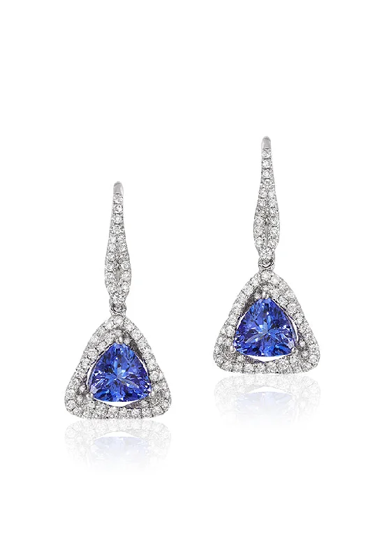 Ladies Earrings for Veterans-14K White Gold Trillion Tanzanite and Diamond Earrings, 1.62 TCW