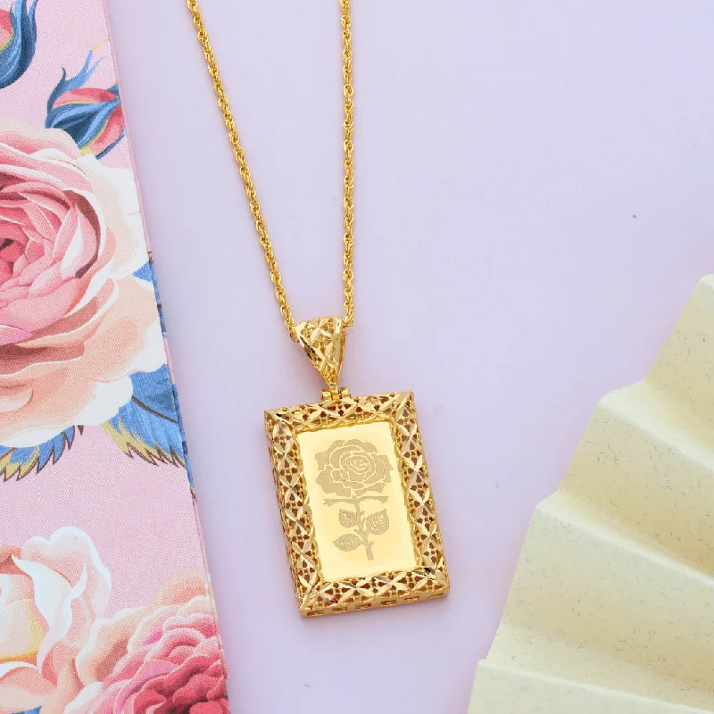 White Gold Necklaces -Gold Necklace (Chain Rectangle Shaped Rose Frame Pendant) 21KT - FKJNKL21KM9617