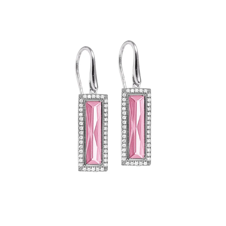 Ladies Earrings with Charoite-Rhodium Finish Sterling Silver Earrings with Rectangular Simulated Pink Sapphire Stones and Simulated Diamonds