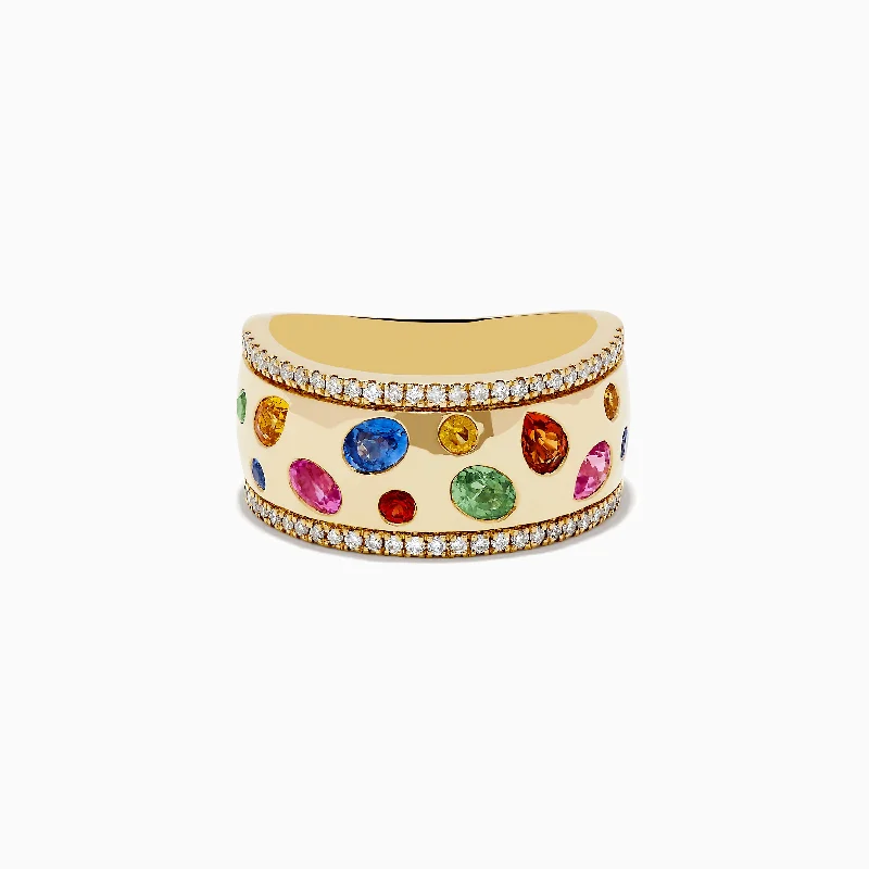 Ladies Rings for Doctors-Watercolor 14k Yellow Gold Bezel Set Multi Sapphire Ring