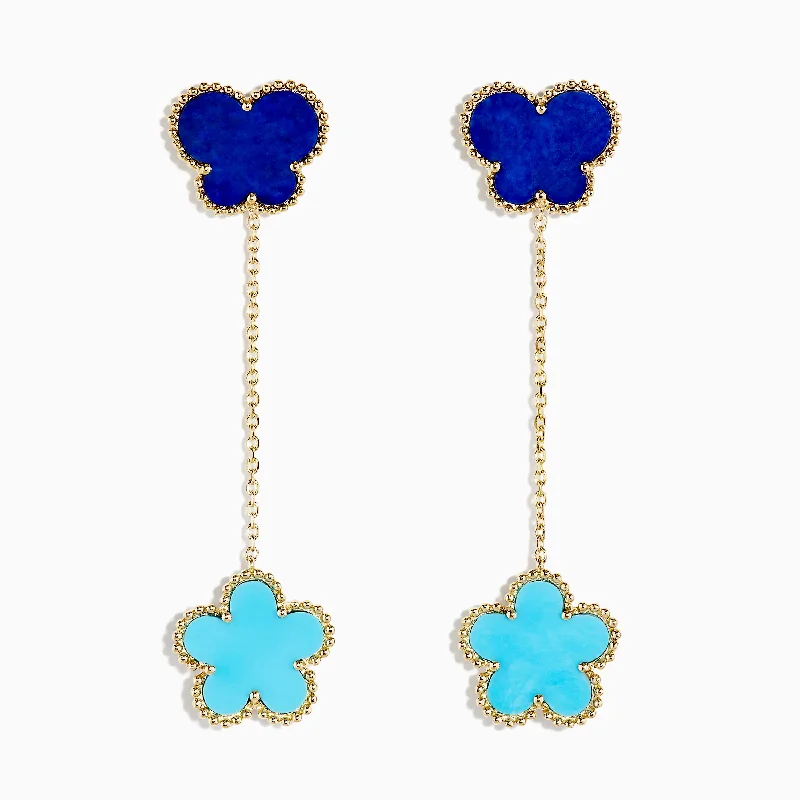 Ladies Earrings with Brookite-Novelty 14K Gold Turquoise & Lapis Floral Butterfly Earrings