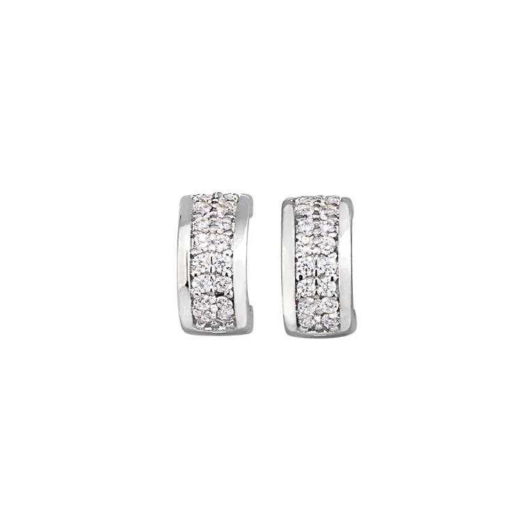 Ladies Earrings Crown Shape-Platinum Finish Sterling Silver Micropave Huggie Earrings with 2 rows of Simulated  Diamonds