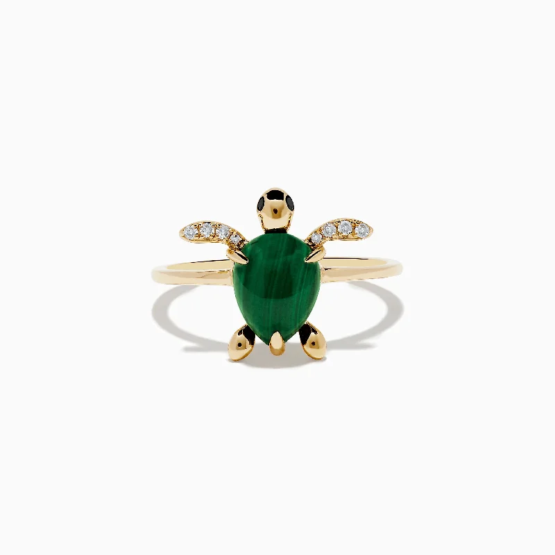 Ladies Rings with Charoite-Seaside 14K Yellow Gold Malachite and Diamond Turtle Ring