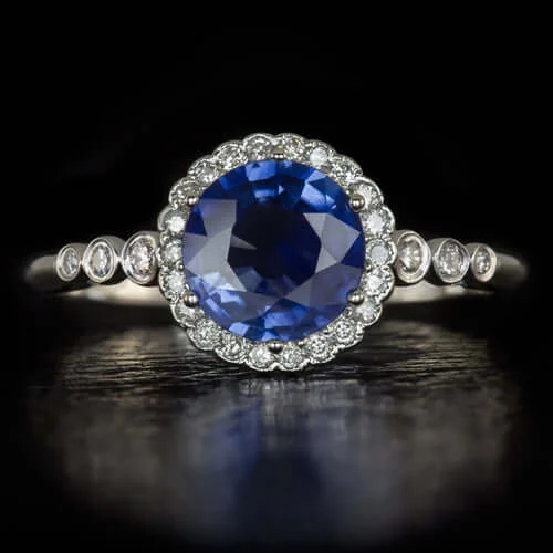 Ladies Engagement Rings with Variscite-1.22ct NATURAL ROYAL BLUE SAPPHIRE ROUND DIAMOND HALO ENGAGEMENT COCKTAIL RING