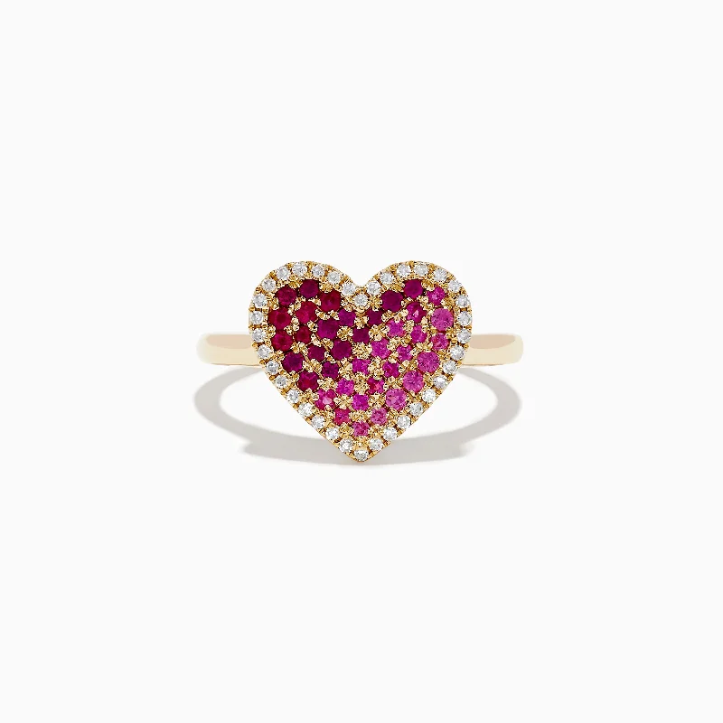 Ladies Rings for Retirees-Novelty 14K Yellow Gold Pink Sapphire, Ruby and Diamond Heart Ring