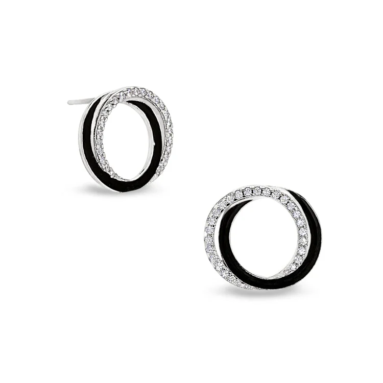 Ladies Earrings Triangle Shape-Platinum Finish Sterling Silver Micropave Double Open Circle Earrings with Black Enamel and Simulated Diamonds