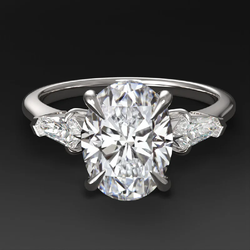 Ladies Engagement Rings with Euclase-2ct LAB CREATED DIAMOND ENGAGEMENT RING 3 STONE OVAL BULLET CUT 14k WHITE GOLD