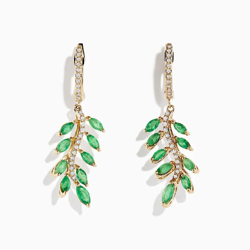 Ladies Earrings Bright Colors-14K Yellow Gold Emerald and Diamond Leaf Earrings