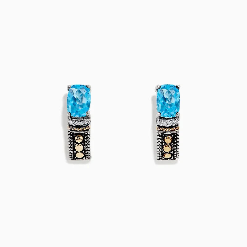 Ladies Earrings with Crystals-925 Sterling Silver & 18K Gold Blue Topaz Earrings, 1.98 TCW