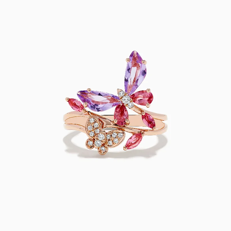 Ladies Rings for Graduation-14K Rose Gold Diamond and Multi Stone Butterfly Ring