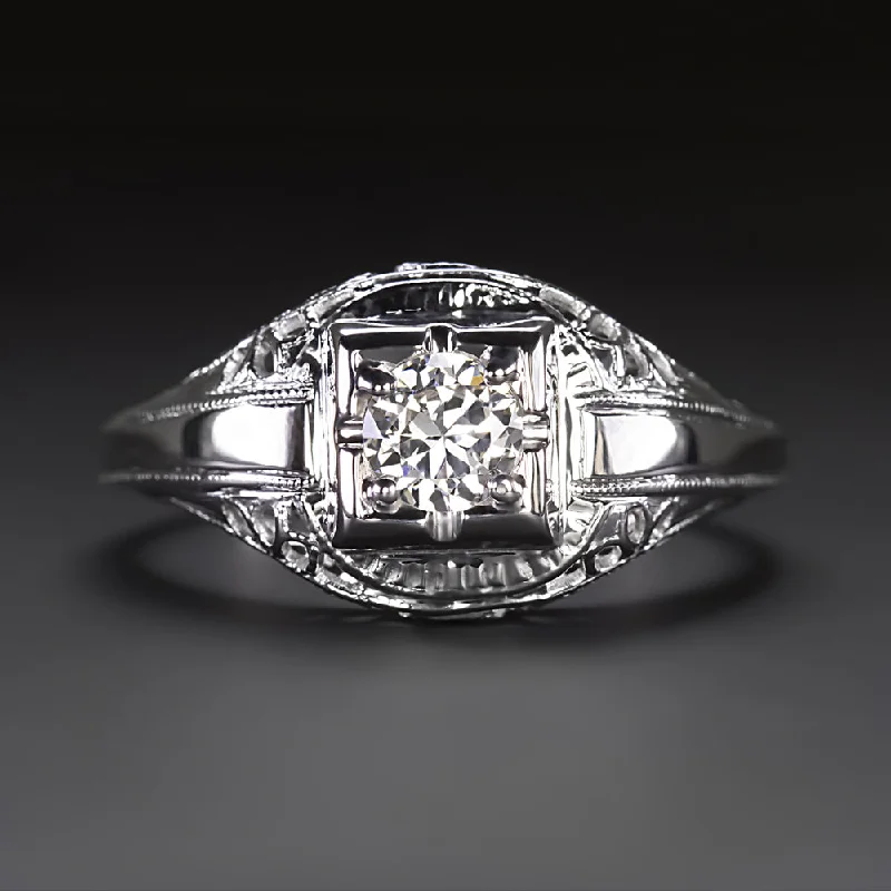 Ladies Engagement Rings Statement Piece-ART DECO DIAMOND ENGAGEMENT RING 1/3ct OLD EUROPEAN CUT 18k WHITE GOLD FILIGREE