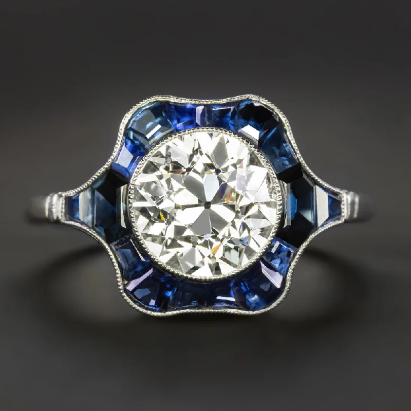 Ladies Engagement Rings Cloud Design-2.27ct OLD EUROPEAN CUT DIAMOND ENGAGEMENT RING SAPPHIRE PLATINUM VINTAGE STYLE