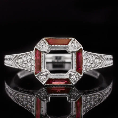 Ladies Engagement Rings with Cassiterite-VINTAGE STYLE DIAMOND RUBY SQUARE ENGAGEMENT RING SETTING ROUND CUSHION MOUNT