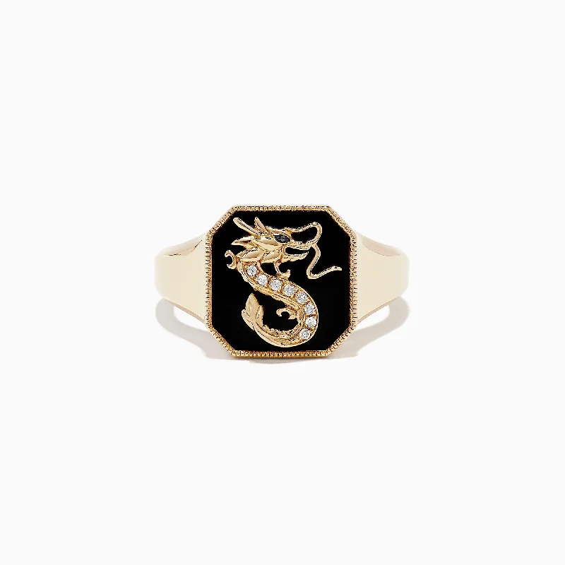 Ladies Rings with Heliodor-Novelty 14K Yellow Gold Onyx and Diamond Dragon Signet Ring, 1.91 TCW