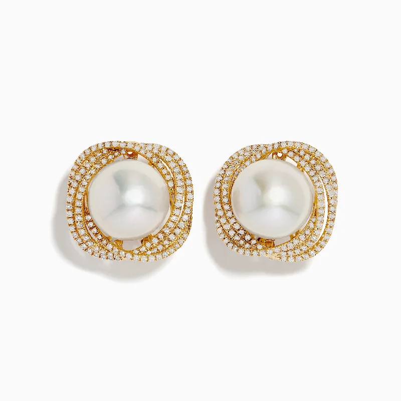 Ladies Earrings Affordable Price-14K Yellow Gold Diamond Fresh Water Pearl Earrings