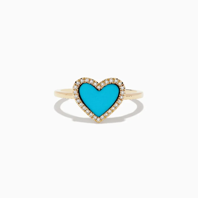 Ladies Rings with Serpentine-Turquesa 14K Yellow Gold Turquoise and Diamond Heart Ring