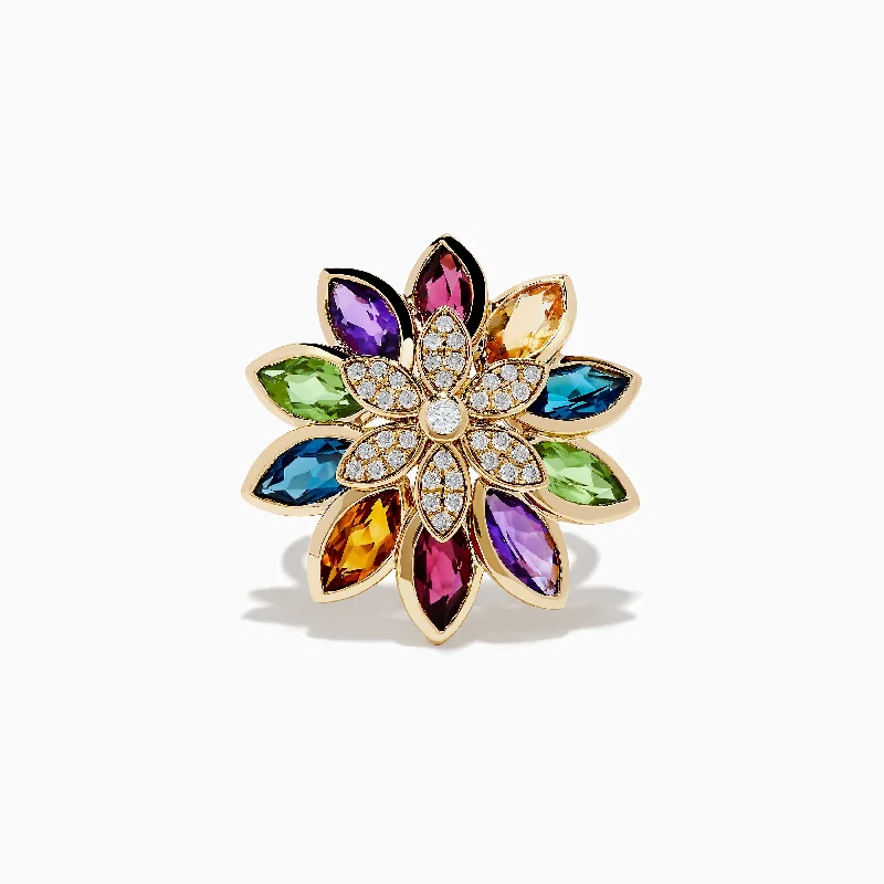 Ladies Rings Moon Shape-Mosaic 14K Yellow Gold Multi Stone and Diamond Flower Ring