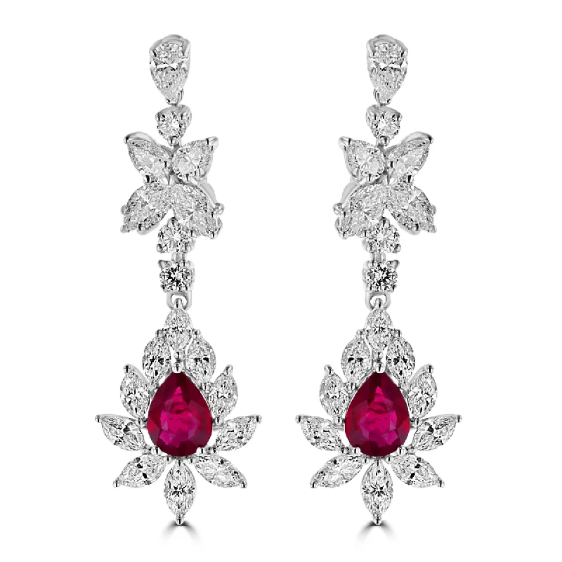 Ladies Earrings Matte Finish-JULEVE 18KT WHITE GOLD 2.73 CTW RUBY & 5.70 CTW DIAMOND DANGLE EARRINGS