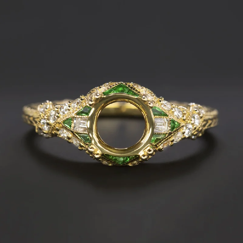 Ladies Engagement Rings Celestial Design-EMERALD DIAMOND 6.5mm ROUND ENGAGEMENT RING SETTING VINTAGE STYLE ART DECO GOLD