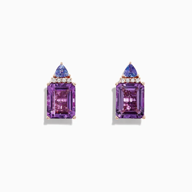 Ladies Earrings Hoop Style-14K Rose Gold Amethyst, Tanzanite and Diamond Earrings, 8.62 TCW