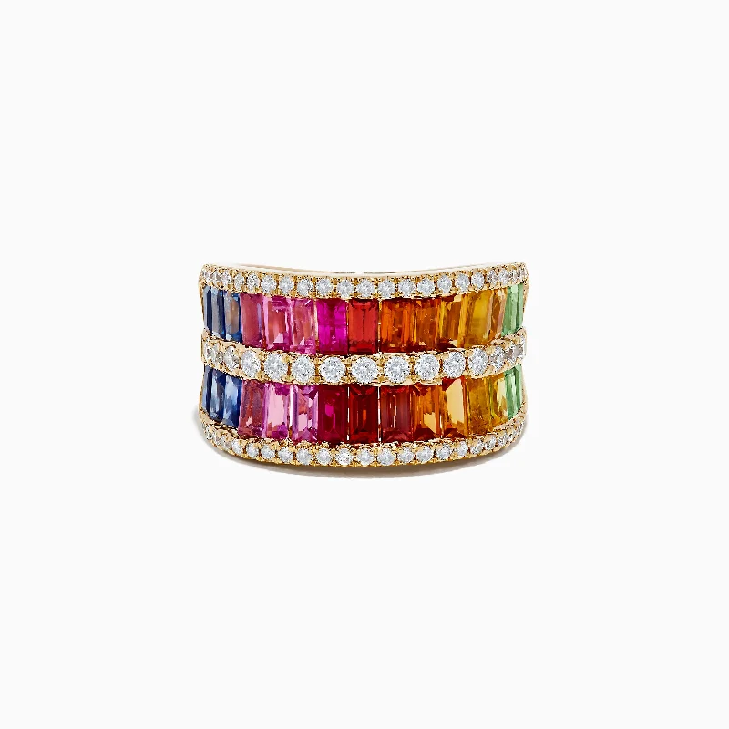 Ladies Rings Trendy Style-Watercolors 14K Yellow Gold Multi Sapphire and Diamond Ring