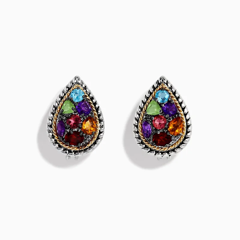 Ladies Earrings for Formal Events-925 Sterling Silver Multi Stone Pear Shaped French Clip Earrings