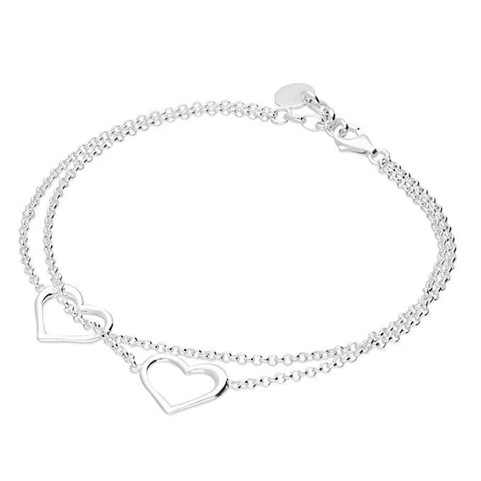 Tennis Bracelets -Sterling Silver Double Open Heart Chain Bracelet