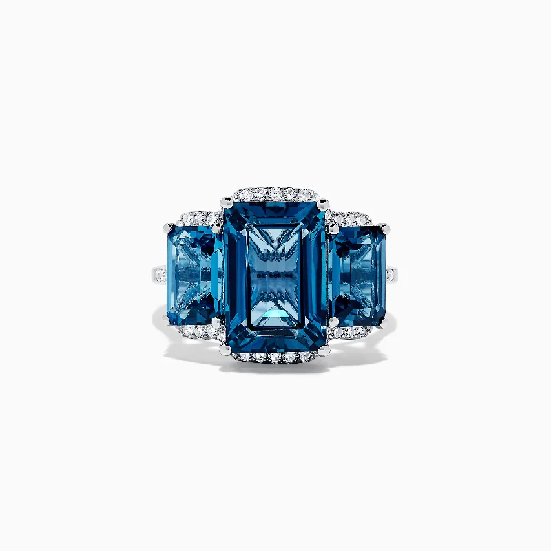 Ladies Rings with Fibrolite-Ocean Bleu 14K White Gold London Blue Topaz and Diamond Ring, 8.72 TCW