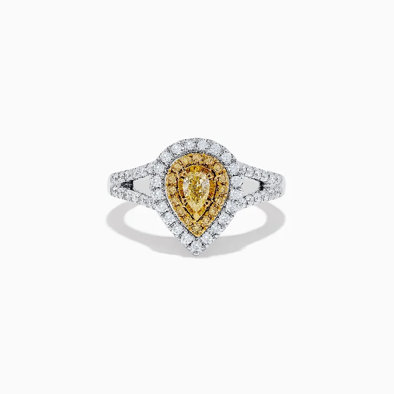 Ladies Rings Simple Style-Canare 18K Two-Tone Gold Pear Shaped Double Halo Yellow Diamond Ring