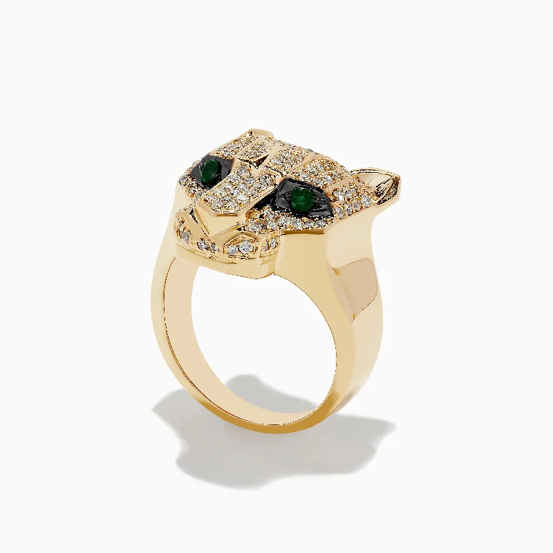 Ladies Rings with Natrolite-Signature 14K Yellow Gold Emerald and Diamond Panther Ring