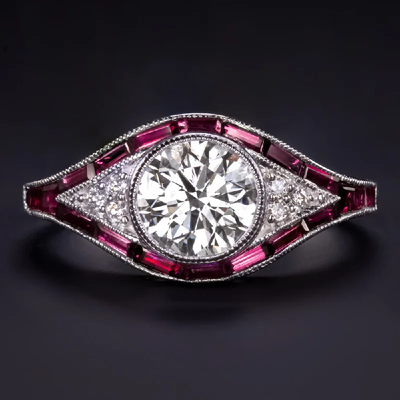 Ladies Engagement Rings Geometric Shape-1.17ct F-G SI DIAMOND RUBY VINTAGE STYLE ENGAGEMENT RING ART DECO ROUND CUT RED