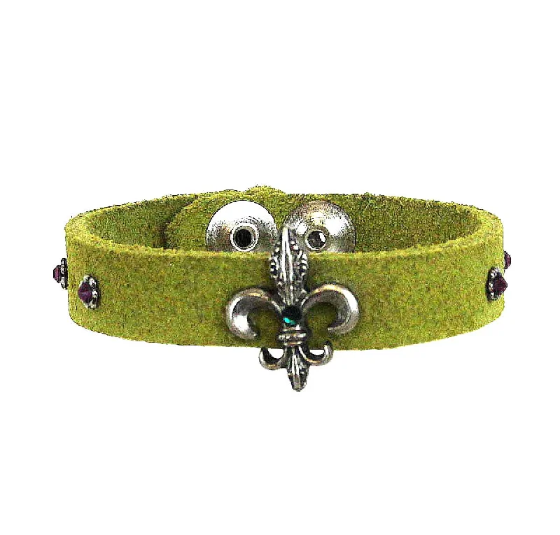 Luxury Bracelets -Fleur De Lis Leather Bracelet .55" Green Suede