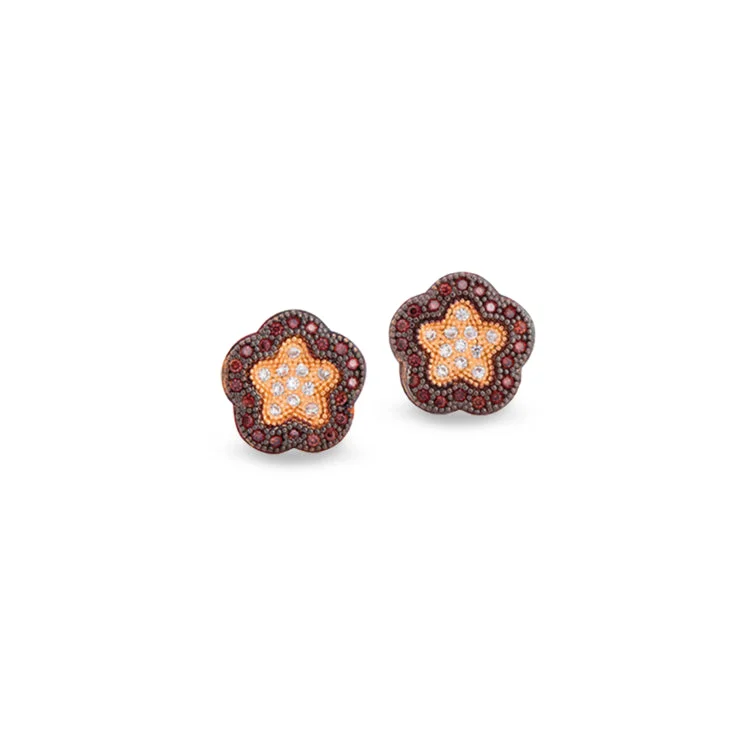 Ladies Earrings Open Hoop-Black Rhodium & Gold Finish Sterling Silver Micropave Flower Earrings with 62 Brown and White Simulated Diamonds