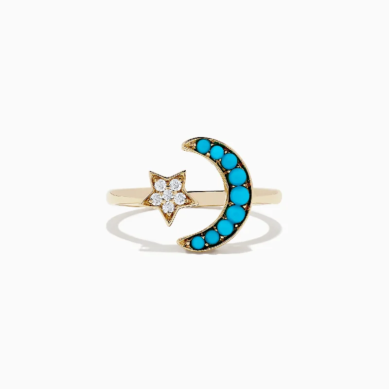 Ladies Rings with Jeremejevite-14K Yellow Gold Turquoise and Diamond Moon and Star Ring, 0.32 TCW