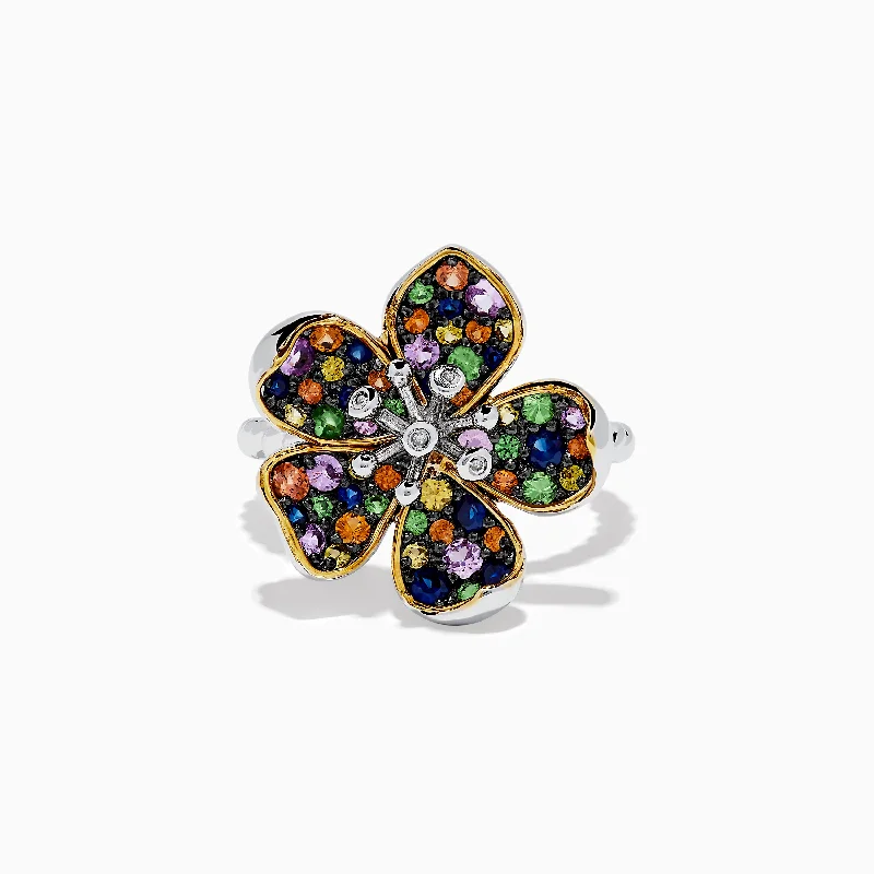 Ladies Rings for Aunts-Splash Sterling Silver Diamond and Mulit Sapphires Flower Ring