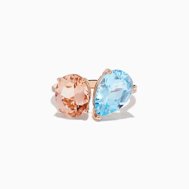 Ladies Rings with Shattuckite-14K Rose Gold Blue Topaz, Morganite, and Diamond Toi Et MoiRing