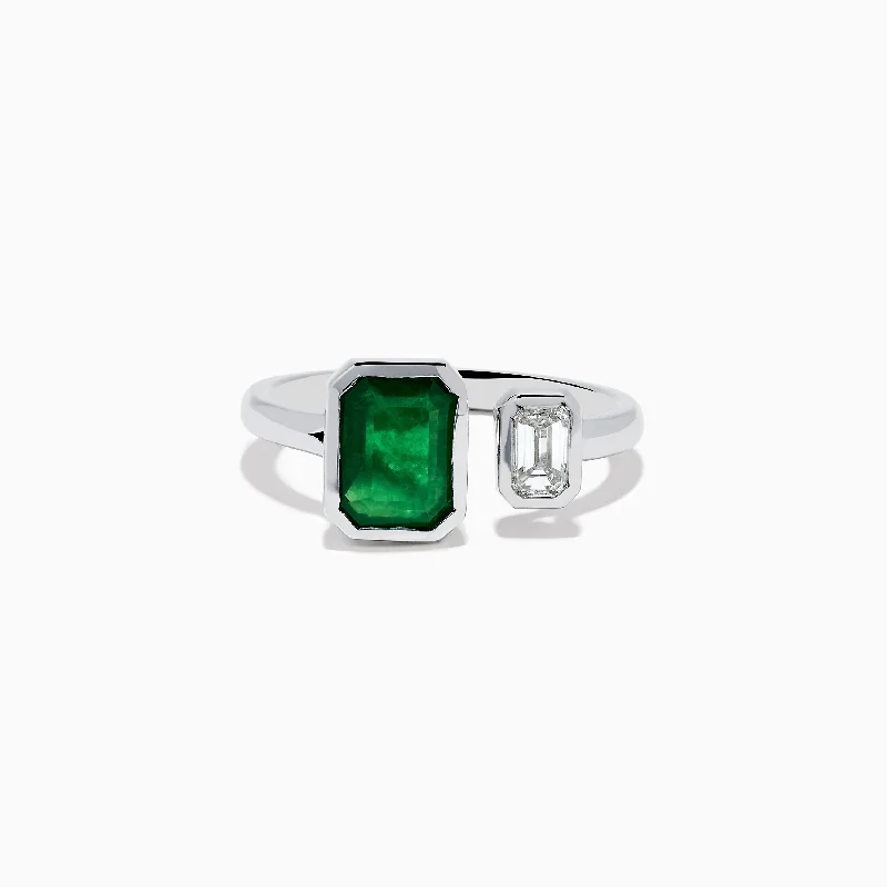 Ladies Rings Compass Design-14K White Gold Emerald and Diamond Toi Et Moi Ring