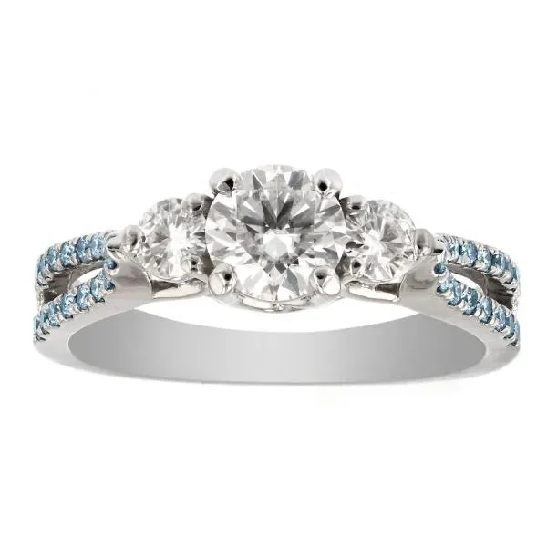 Ladies Rings Statement Piece-Three stone ring with blue accent diamonds