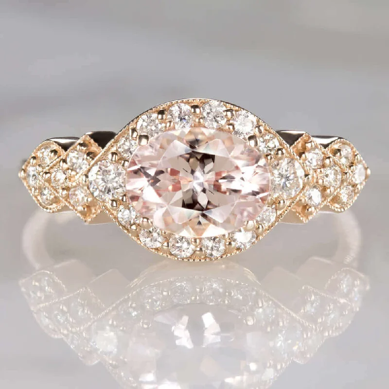 Ladies Engagement Rings Modern Halo-1ct MORGANITE .37ct DIAMOND EAST WEST RING ROSE GOLD ENGAGEMENT OVAL HALO MODERN