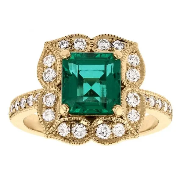 Ladies Rings with Turquoise-Antique emerald ring with floral diamond halo