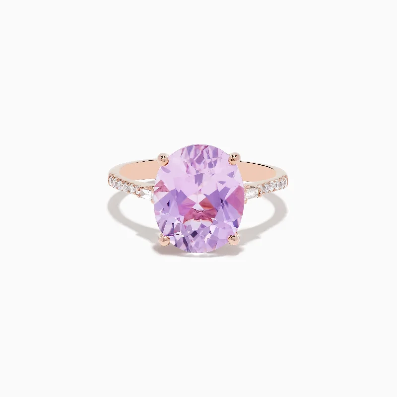 Ladies Rings for Engagements-14K Rose Gold Kunzite and Diamond Ring