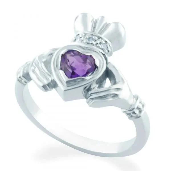 Ladies Rings with Aquamarine-Claddagh Amethyst and Diamond Ring