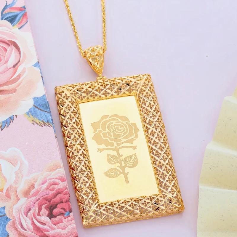 Christmas Necklaces -Gold Necklace (Chain Rectangle Shaped Rose Frame Pendant) 21KT - FKJNKL21KM9620