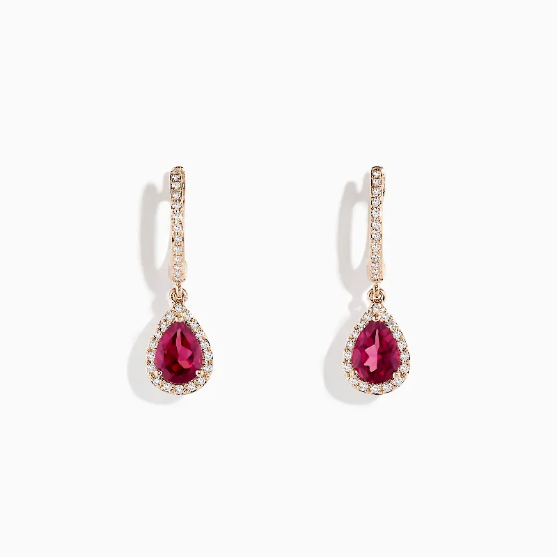 Ladies Earrings with Aquamarine-14K Rose Gold Rhodolite Garnet and Diamond Earrings, 1.75 TCW